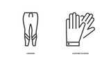 set of clothes and outfit thin line icons. clothes and outfit outline icons included leggins, leather gloves vector.