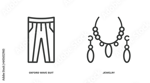 set of clothes and outfit thin line icons. clothes and outfit outline icons included oxford wave suit pants, jewelry vector.