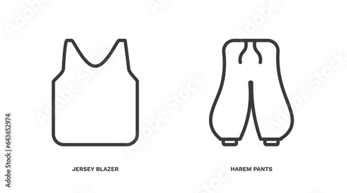 set of clothes and outfit thin line icons. clothes and outfit outline icons included jersey blazer, harem pants vector.