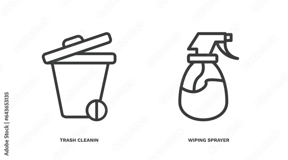 set of cleaning thin line icons. cleaning outline icons included trash cleanin, wiping sprayer vector. set of cleaning thin line icons. cleaning outline icons included trash cleanin, wiping sprayer vector.