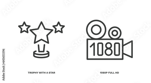set of cinema and theater thin line icons. cinema and theater outline icons included trophy with a star, 1080p full hd vector.