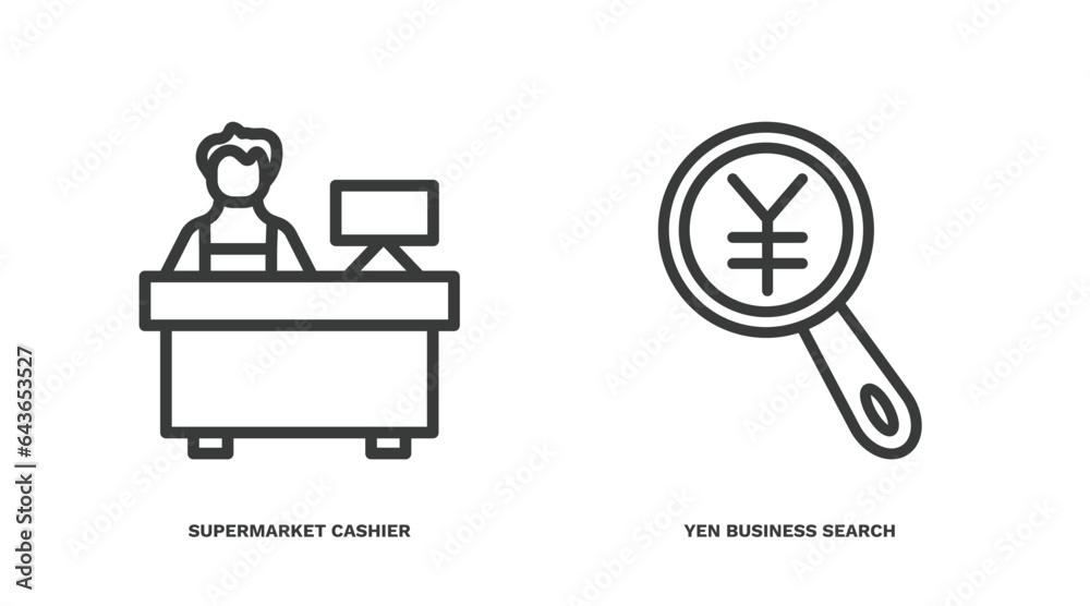 set of business and finance thin line icons. business and finance outline icons included supermarket cashier, yen business search vector.