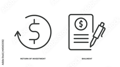 set of business and finance thin line icons. business and finance outline icons included return of investment, bailment vector.