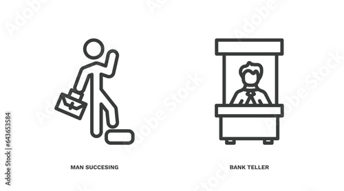 set of business and finance thin line icons. business and finance outline icons included man succesing, bank teller vector.