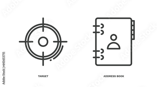 set of business thin line icons. business outline icons included target, address book vector.
