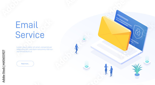 Email service concept. Electronic mail message as part of business marketing. Webmail or mobile service layout for website landing header. Newsletter sending background. Isometric vector. 