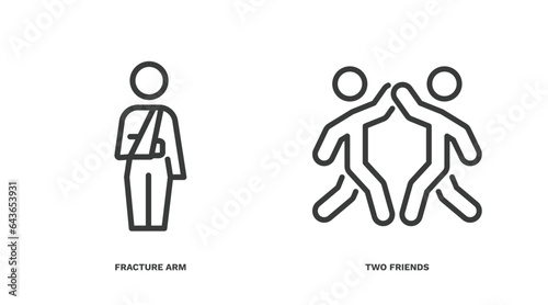 set of behavior and action thin line icons. behavior and action outline icons included fracture arm, two friends vector.