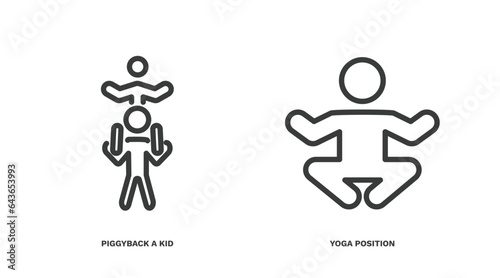 set of behavior and action thin line icons. behavior and action outline icons included piggyback a kid, yoga position vector.