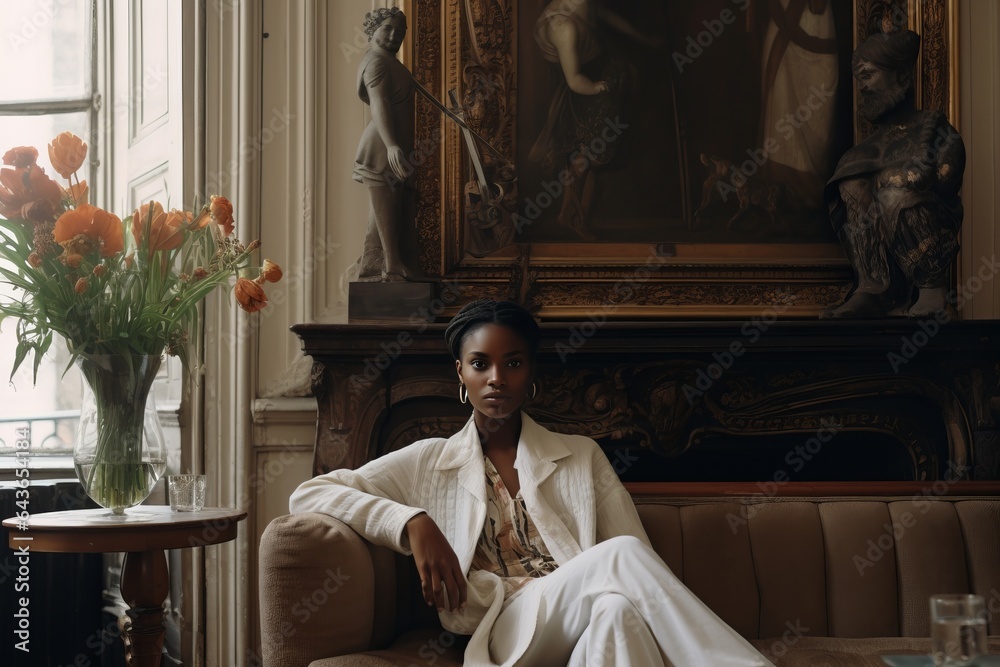 a photo of a gorgeous young african woman sitting on a couch in a ...