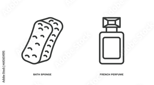 set of beauty and elegance thin line icons. beauty and elegance outline icons included bath sponge, french perfume vector.