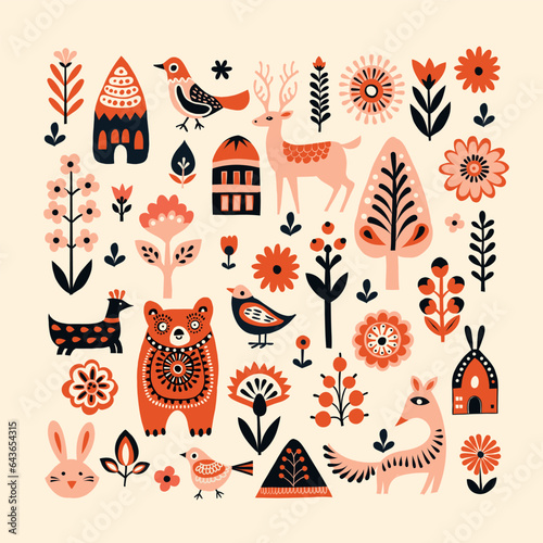Simple minimalist Scandinavian pattern with forest animals cozy cottages