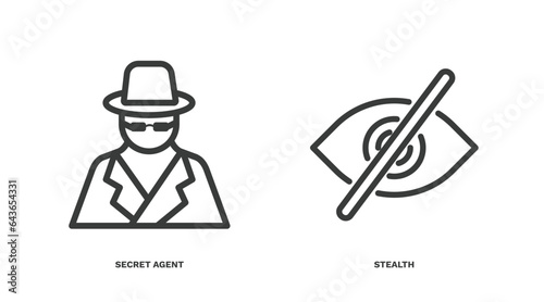 set of military and war and thin line icons. military and war outline icons included secret agent, stealth vector.