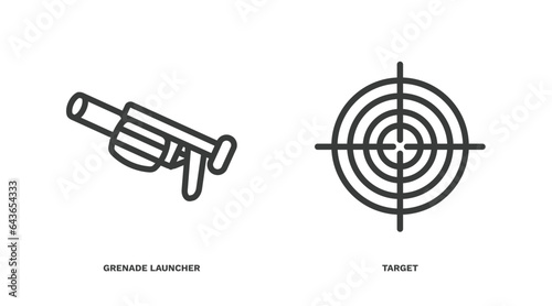 set of military and war and thin line icons. military and war outline icons included grenade launcher, target vector.