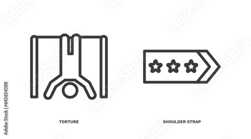 set of military and war and thin line icons. military and war outline icons included torture, shoulder strap vector.