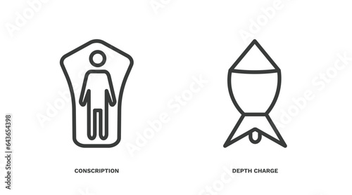 set of military and war and thin line icons. military and war outline icons included conscription, depth charge vector.