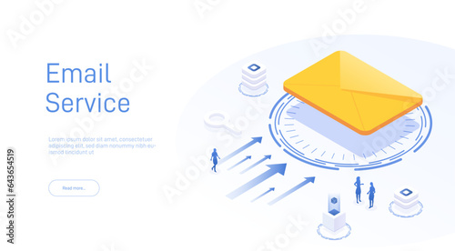 Email service concept. Electronic mail messageas part of business marketing. Webmail or mobile service layout for website landing header. Newsletter sending background. Isometric vector illustration
