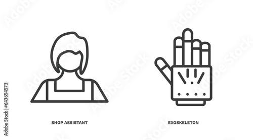 set of ai and future technology thin line icons. ai and future technology outline icons included shop assistant, exoskeleton vector.