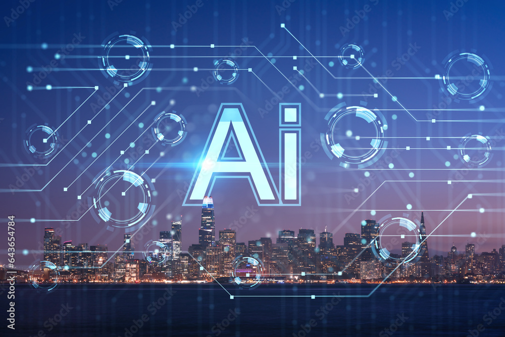 Skyline of San Francisco Panorama at Illuminated night time from Treasure Island, California, United States. Artificial Intelligence concept, hologram. AI, machine learning, neural network, robotics