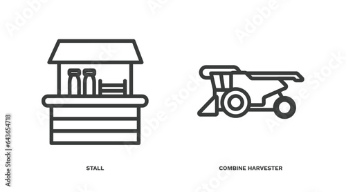 set of agriculture and farm thin line icons. agriculture and farm outline icons included stall, combine harvester vector.