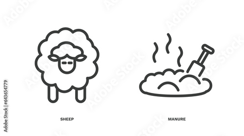set of agriculture and farm thin line icons. agriculture and farm outline icons included sheep, manure vector.