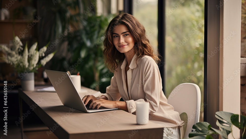 smiling businesswoman using laptop while sitting at table in coffee shop smiling businesswoman using laptop while sitting at table in coffee shop