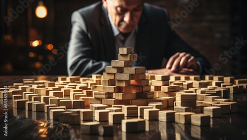 Businessman building a pyramid of wooden cubes. Business success concept.