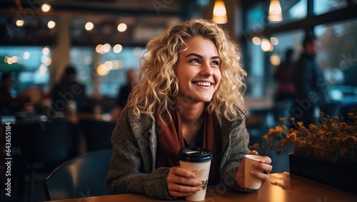 Happy young woman with cup of coffee in cafe. Attractive girl drinking coffee and smiling.