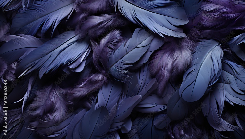 Purple and black feathers as a background. Texture of feathers.