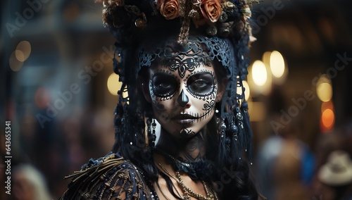 Beautiful woman with sugar skull makeup. Halloween concept