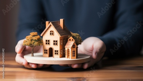 Hands holding house model on a wooden plate. Real estate concept