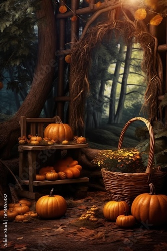 A basket of pumpkins and leaves on a wooden table, concept of Harvest season 