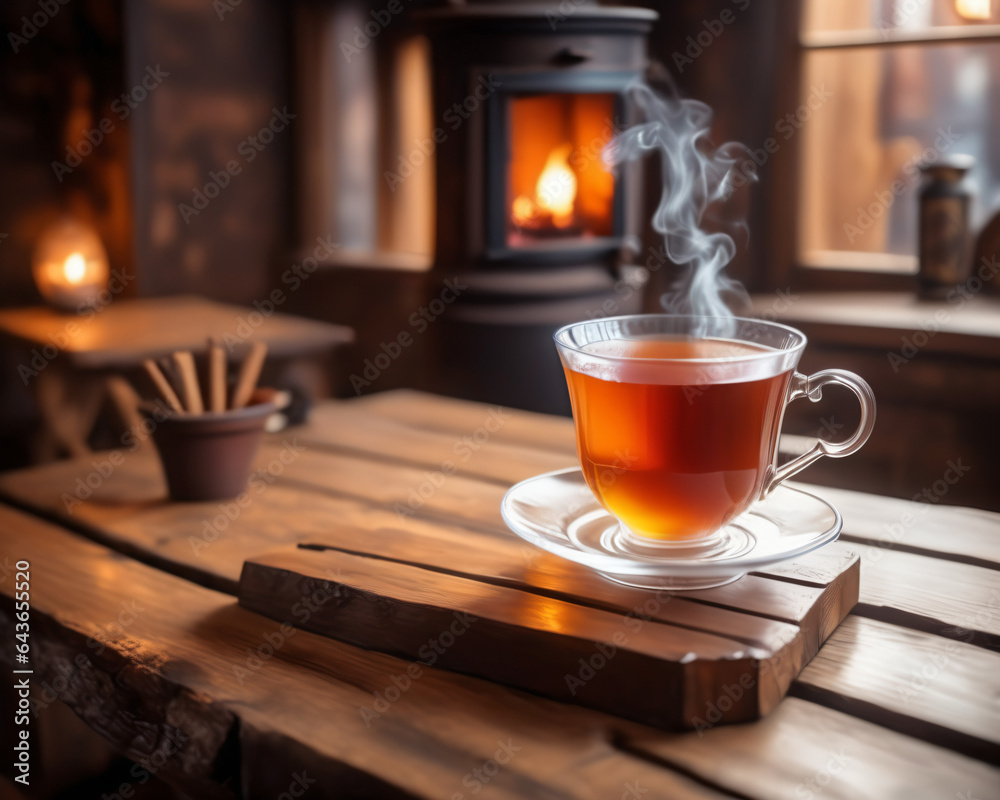 Fototapeta premium cup of tea on wooden table, created using AI generative technology