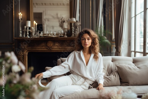 a portrait of a gorgeous young woman sitting on a couch in a luxurious posh living room, parisian style interior with tall windows, white paneled walls, fireplace, golden sophisticated decoration