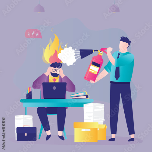 Employee under stress, burnout concept. Overwork, psychological stress. Colleague or psychotherapist use fire extinguisher try to extinguish burning flame on businessman head.