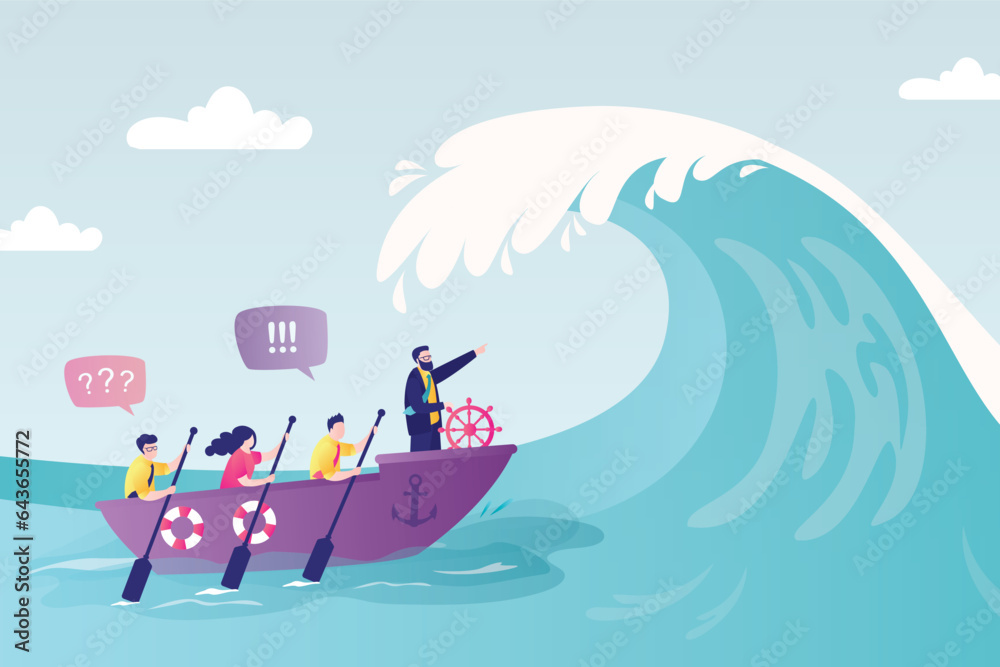 Overcoming difficulties. Courage and leadership to win business success. Teamwork to help survive crisis. Boss captain lead boat to survive big wave storm