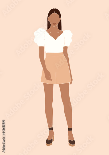 trendy abstract boho art, tanned woman in vacation outfit, beautiful romantic summer girl portrait, isolated vector illustration, fashion poster 