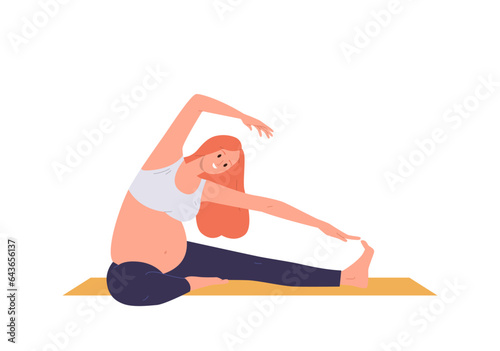 Young pregnant woman cartoon character doing yoga stretching fitness exercise isolated on white