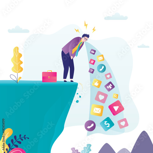 Tired man user burnout after surfing in global internet. Businessman vomiting, social media icons falls from cliff. Overload or fatigue from digital content, information.