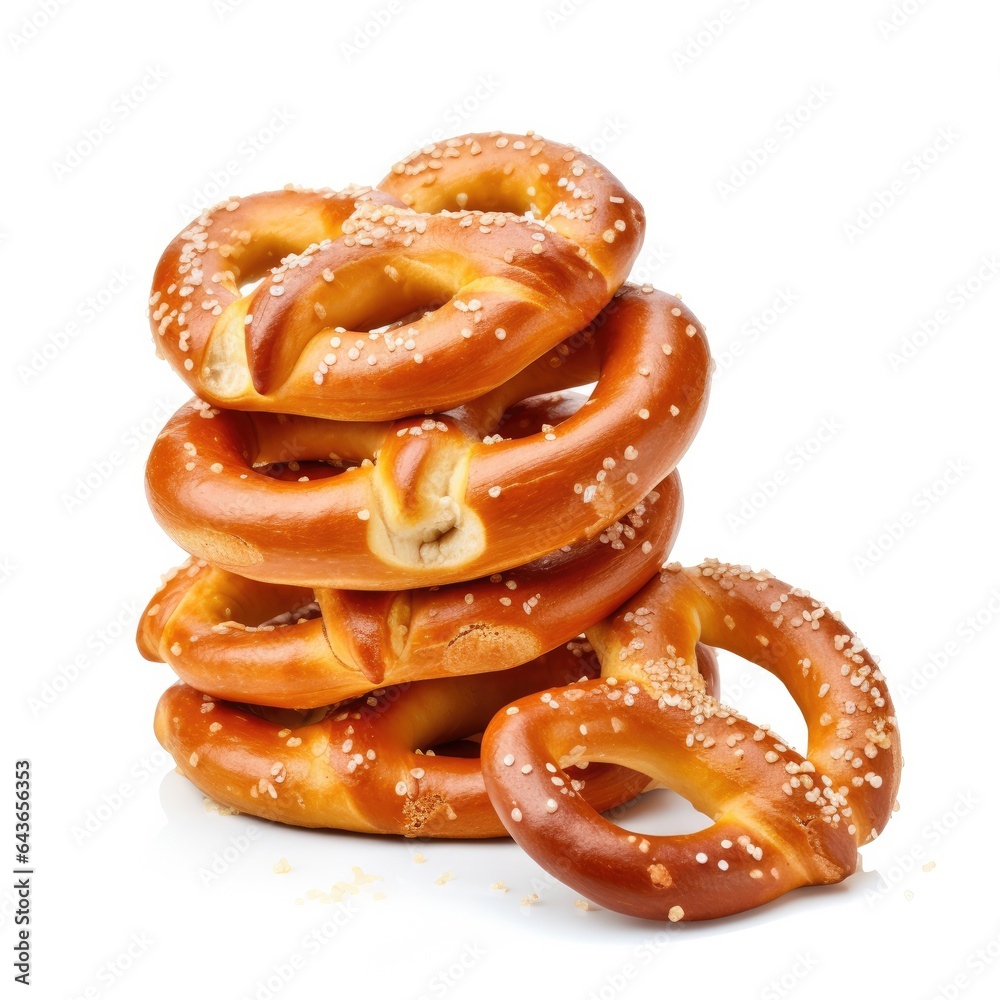A pile of crispy pretzels on the white background. Generative AI. A pile of crispy pretzels on the white background. Generative AI.