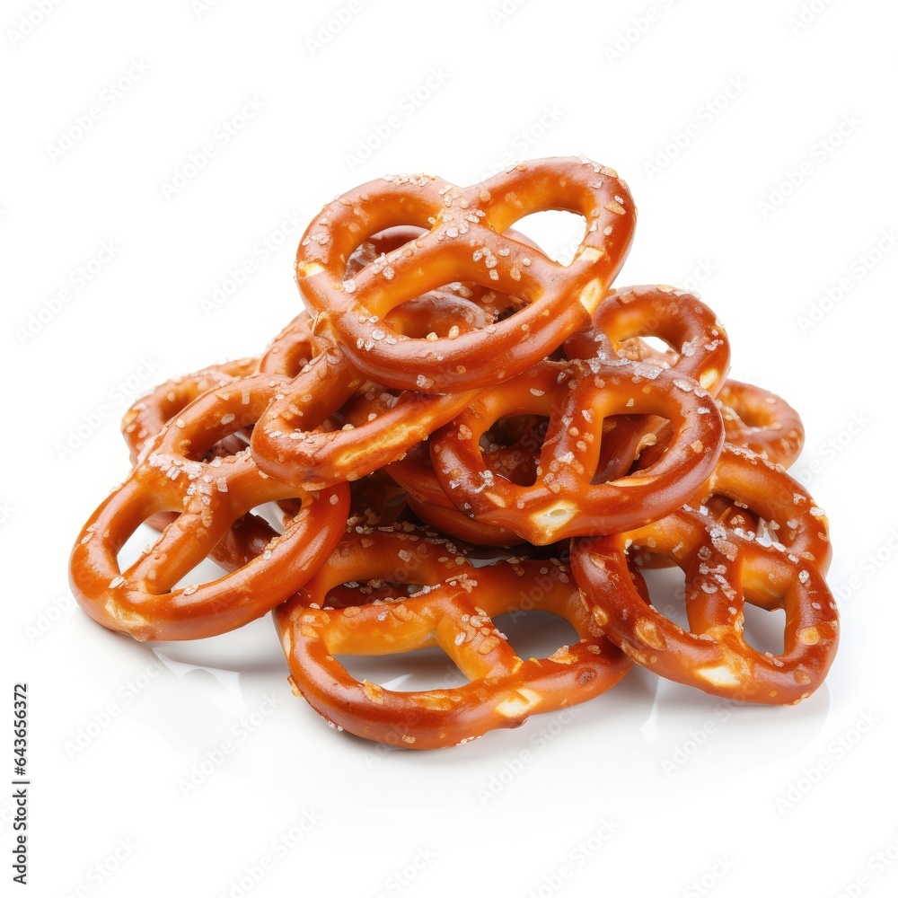 A pile of crispy pretzels on the white background. Generative AI. A pile of crispy pretzels on the white background. Generative AI.