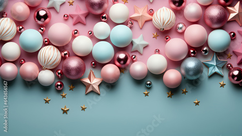 Merry Christmas and New Year background in pastel shades, Christmas decorations backdrop. photo