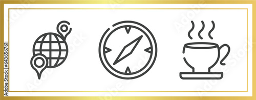 airport and travel outline icons set. linear icons sheet included international location, compass with white face, teacup vector.