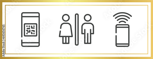 airport and travel outline icons set. linear icons sheet included qr code scan, male and female toilet, smartphone with wifi vector.