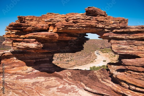 The amazing  Nature Window  in Kalbarri National Park  Western Australia. A natural stone arch forms a sort of  window  to look through. A famous tourist spot called  Nature Window . Australia travel.