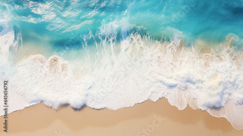 breathtaking aerial view of a pristine, azure sea meeting a golden sandy beach, with the waves gently lapping the shore.
