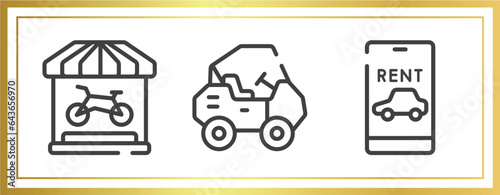 travel app outline icons set. linear icons sheet included bike shop, all terrain, rent a car vector.