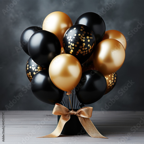 black and gold balloons on a dark background. 