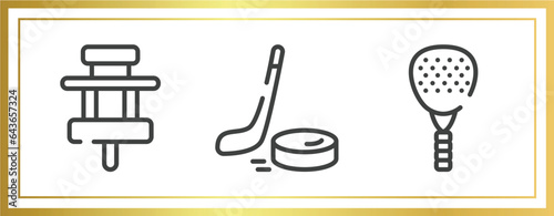 sports outline icons set. linear icons sheet included paddock, puck, padel vector.