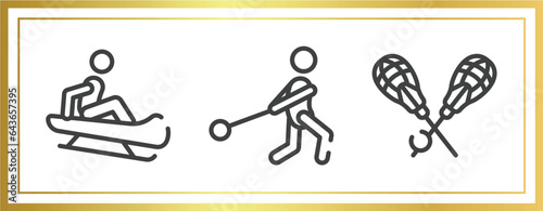 sport equipment outline icons set. linear icons sheet included sledding, hammer throwing, lacrosse vector.