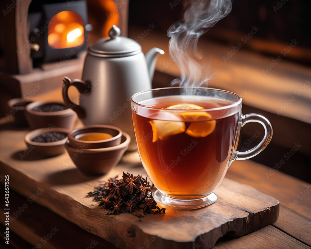 cup of tea on wooden table, created using AI generative technology cup of tea on wooden table, created using AI generative technology